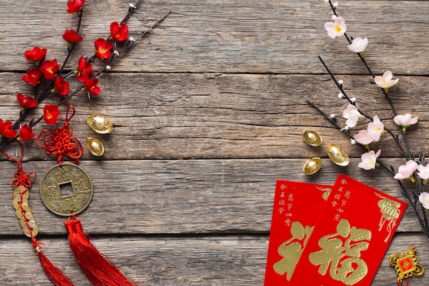 Top view of chinese new year concept on wooden table