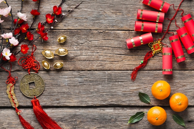 Top view of chinese new year concept on wooden table