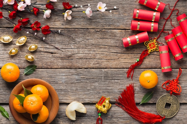 Top view of chinese new year concept on wooden table