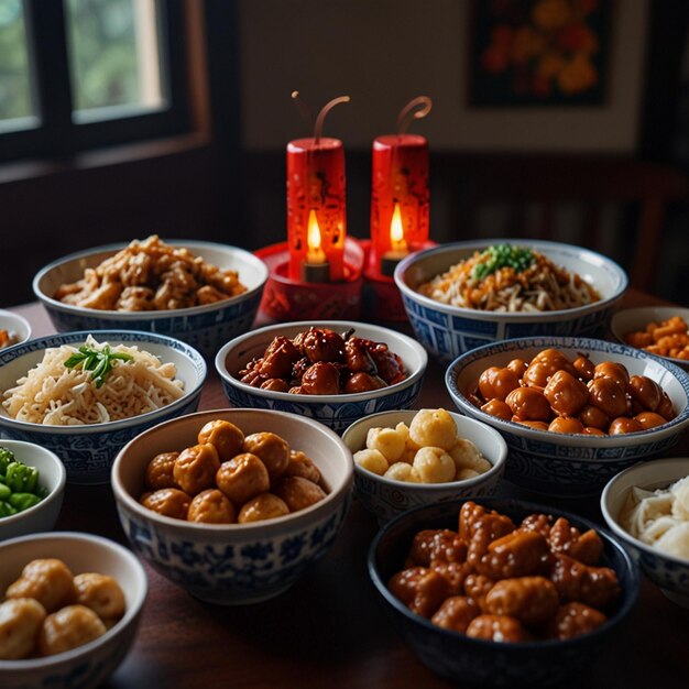 Top view of chinese new years eve family reunion dinner at dining room with all family members