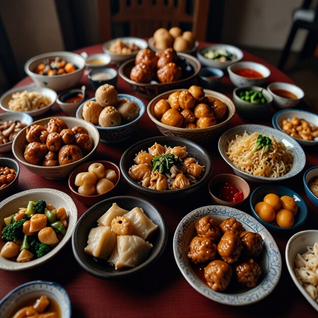 Top view of chinese new years eve family reunion dinner at dining room with all family members