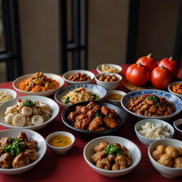 Top view of chinese new years eve family reunion dinner at dining room with all family members