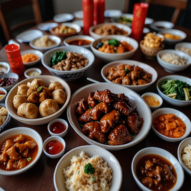 Top view of chinese new years eve family reunion dinner at dining room with all family members