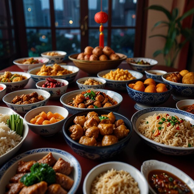 Top view of chinese new years eve family reunion dinner at dining room with all family members