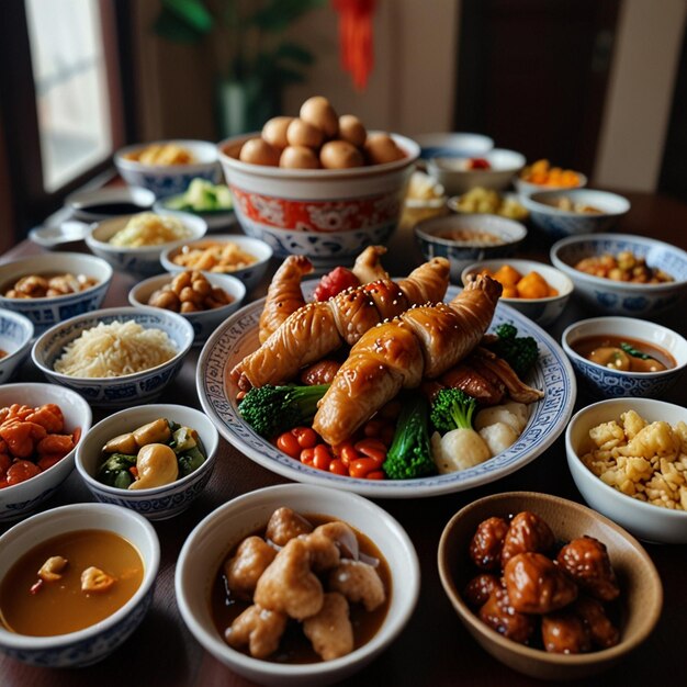 Top view of chinese new years eve family reunion dinner at dining room with all family members