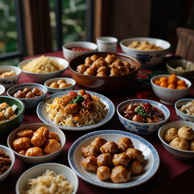 Top view of chinese new years eve family reunion dinner at dining room with all family members