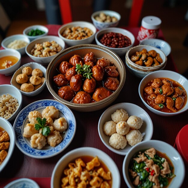 Top view of chinese new years eve family reunion dinner at dining room with all family members