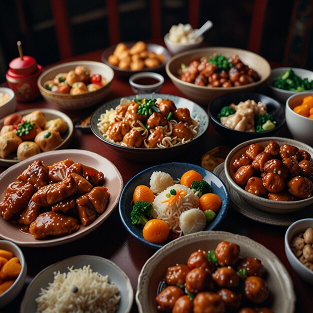 Top view of chinese new years eve family reunion dinner at dining room with all family members