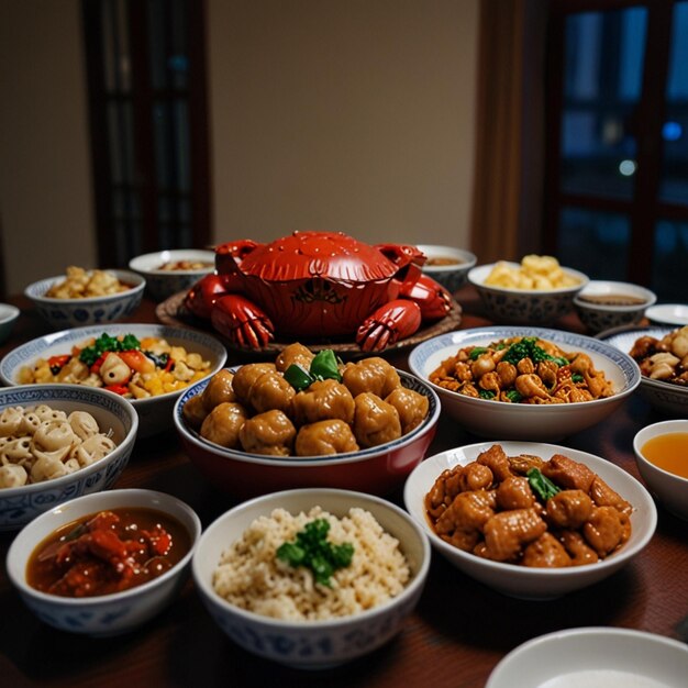 Top view of chinese new years eve family reunion dinner at dining room with all family members