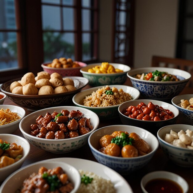 Top view of chinese new years eve family reunion dinner at dining room with all family members