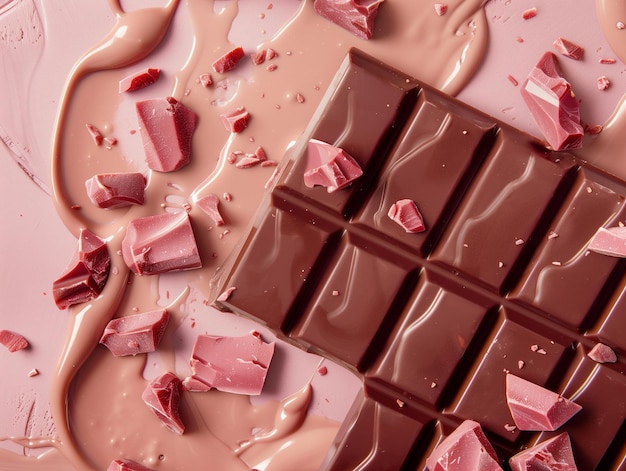 Top view of a chocolate bar and pieces on a melting liquid milk chocolate background in a flat lay A