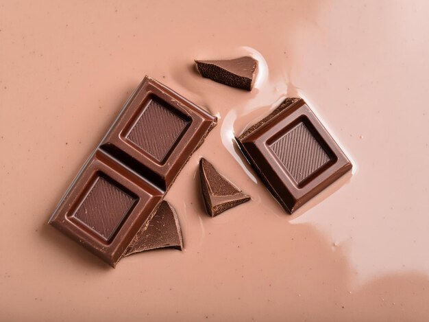 Top view of a chocolate bar and pieces on a melting liquid milk chocolate background