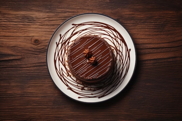 Top view of chocolate cake on white plate on wooden table