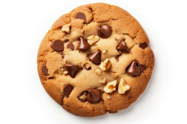 Top view of chocolate chip cookie with hazelnuts isolated on white