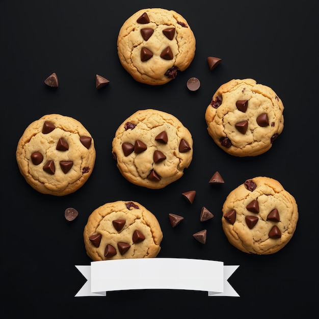 Photo top view of chocolate chip cookies on a black background laid flat with a banner space