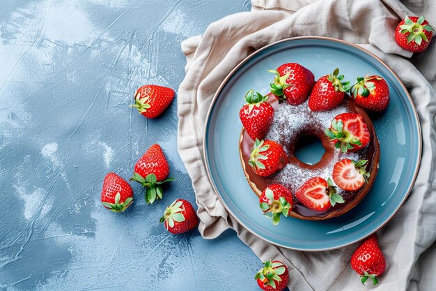 Photo top view of chocolate donut with strawberries on a blue plate on a beige napkin on a blue surface