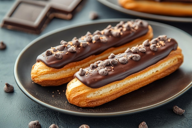 Top view chocolate eclairs on oval plate dried flower branch and a notebook on the dark wooden table