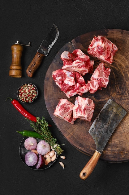 Top view of chopped beef bones for making broth