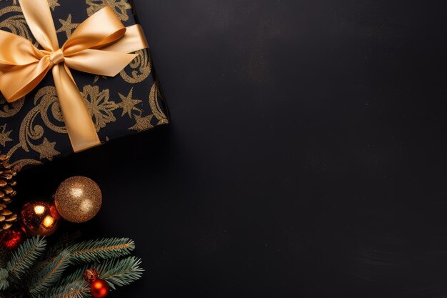 Top view of Christmas decor gift box and dark background banner