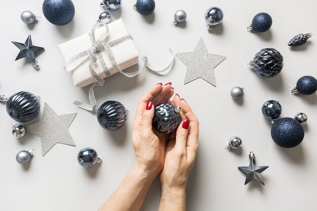 Top view christmas decorations on table