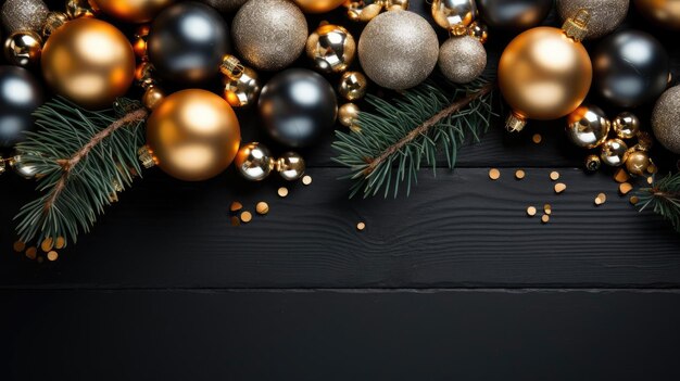 Top view of Christmas decorations with light bulb ornaments and plants