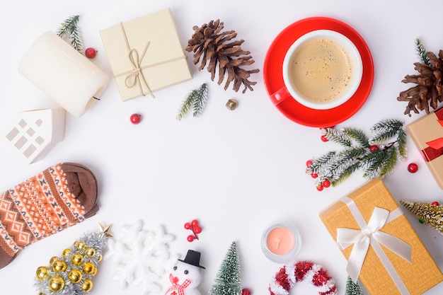 Top view Christmas flat lay decorations on white background