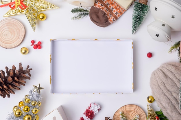 Top view Christmas flat lay decorations on white background