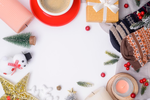 Top view Christmas flat lay decorations on white background