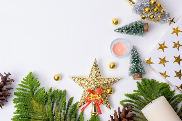 Top view Christmas flat lay decorations on white background