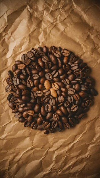 Top view of circle coffee beans on brown paper texture background