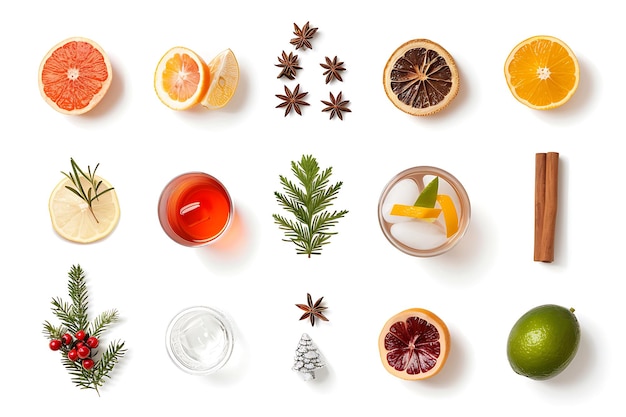 Top View of Citrus Fruits Spices and Herbs Isolated on White Background