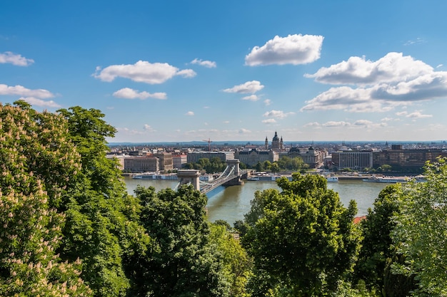 Top view of the city of Budapest in Hungary the Danube river bridges the Parliament building on a warm sunny day