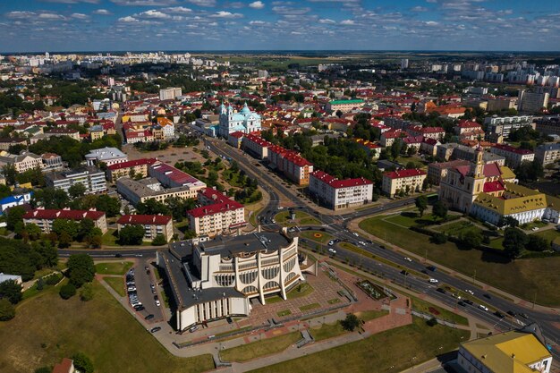 Top view of the city center of Grodno, Belarus. The historic centre with its red-tiled roof,the castle and the Opera house