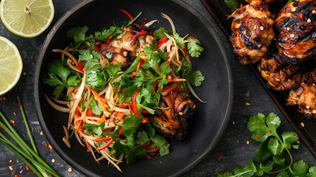 Photo top view of a classic papaya salad with fresh cilantro alongside crispy grilled chicken thighs