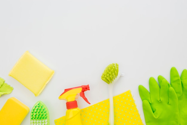 Top view cleaning supplies on the table