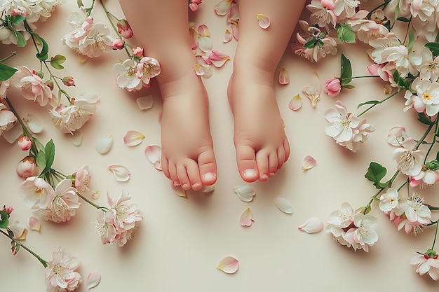 A top view and a close shot of a little baby showing neat toenails with flowers on a clean beige backdrop and space for text or background use Generative AI