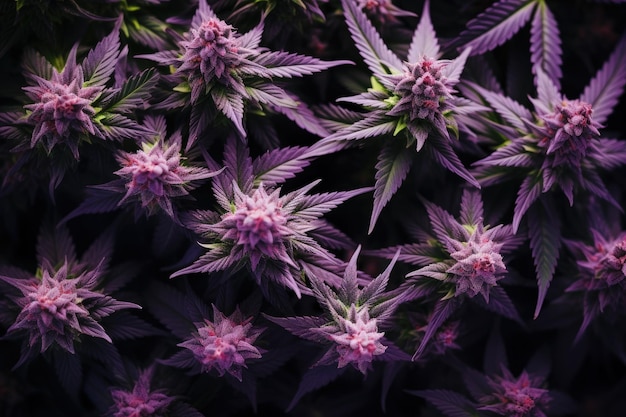 Top view of close up cannabis flower buds with a background of marijuana