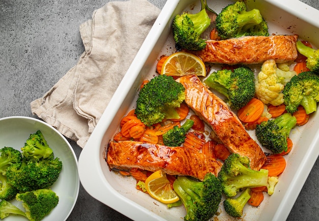 Top view close up of healthy baked fish salmon steaks