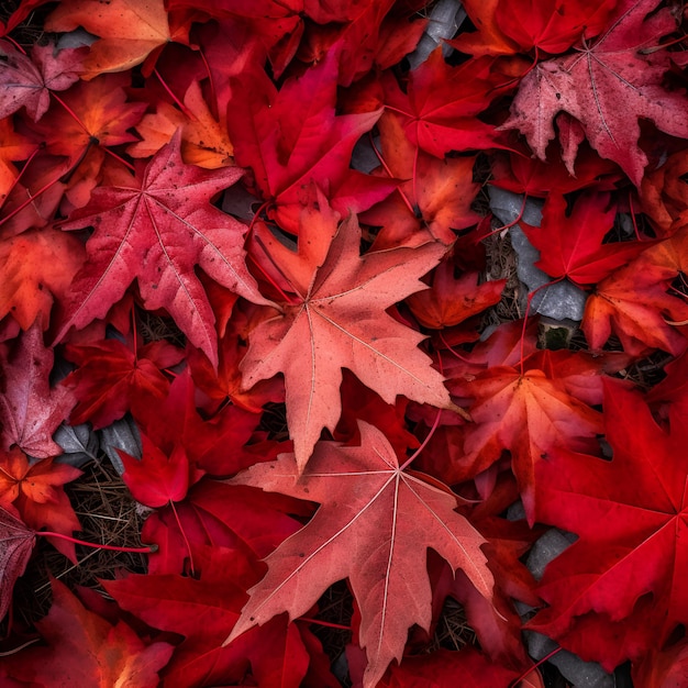 Top view close up of turf of red maple autumn leaves