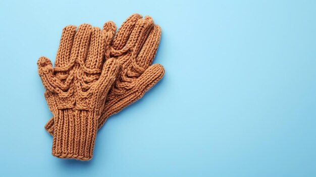 Photo top view closeup of light brown knitted woolen gloves on blue background cozy winter accessories