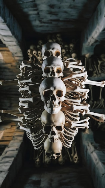 Top view closeup of various skeletons catacombs of paris