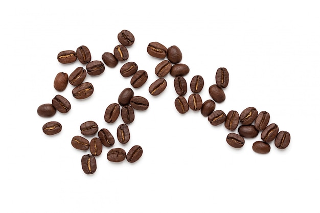 Top view of coffee beans isolated on white space,