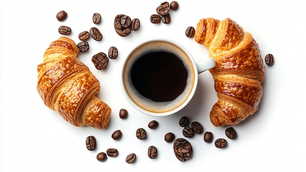 Top View of Coffee Cup with Croissants and Coffee Beans