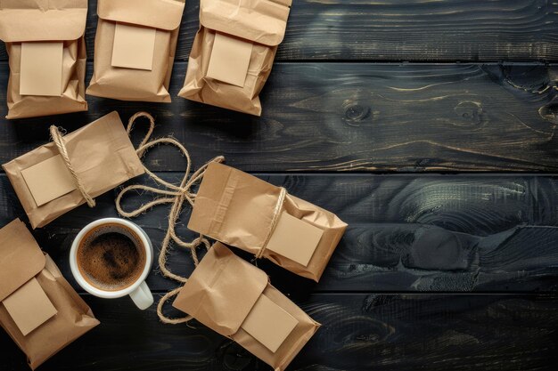 Photo top view coffee and paper bags with labels