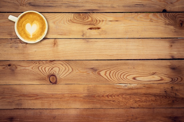 top view coffee on wood table with space