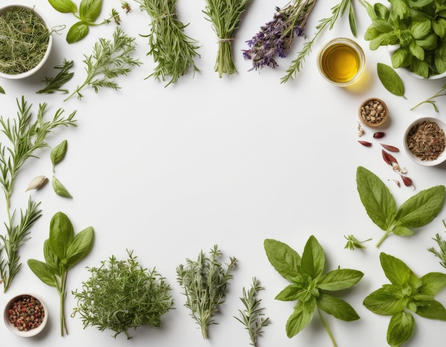 Top view collection of assorted herbs on a white background