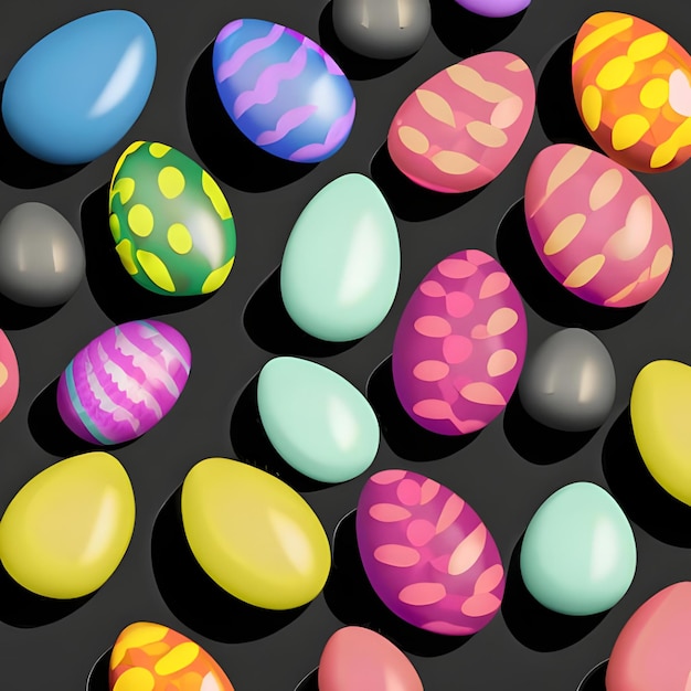 Top view collection colorful Easter eggs black background