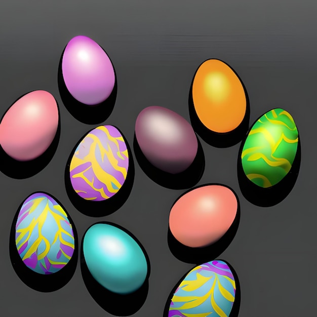 Top view collection colorful Easter eggs black background