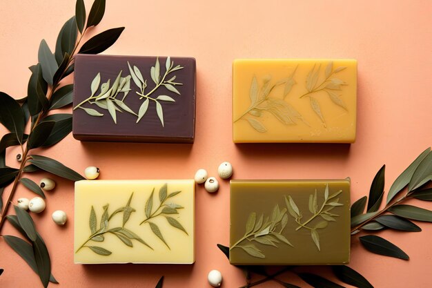 Top view of color background with handmade soap bars and olives