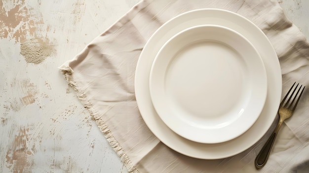 Top view on colored background empty round white plate on tablecloth for food Empty Generative AI